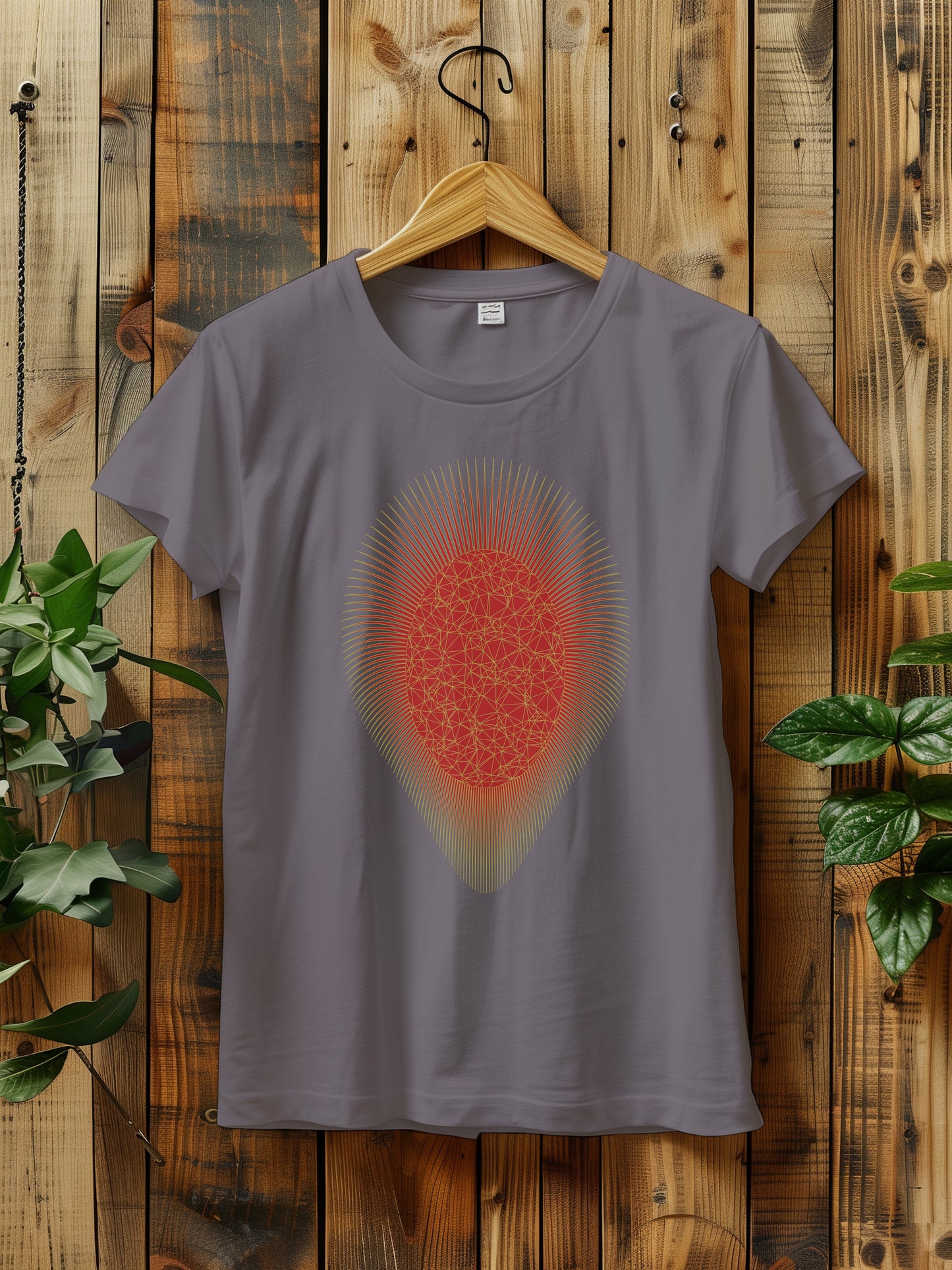 a t - shirt with a red and gold sunburst hanging on a wooden wall next to a plant