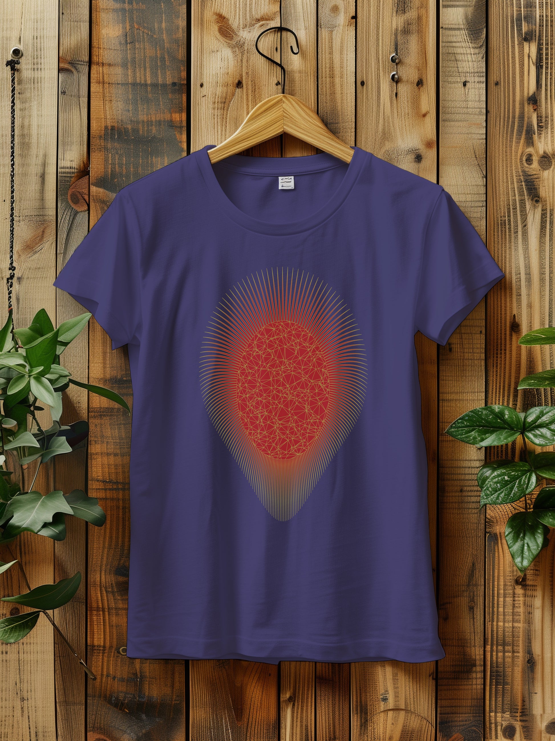 a t - shirt with a red and gold sunburst hanging on a wooden wall next to a plant