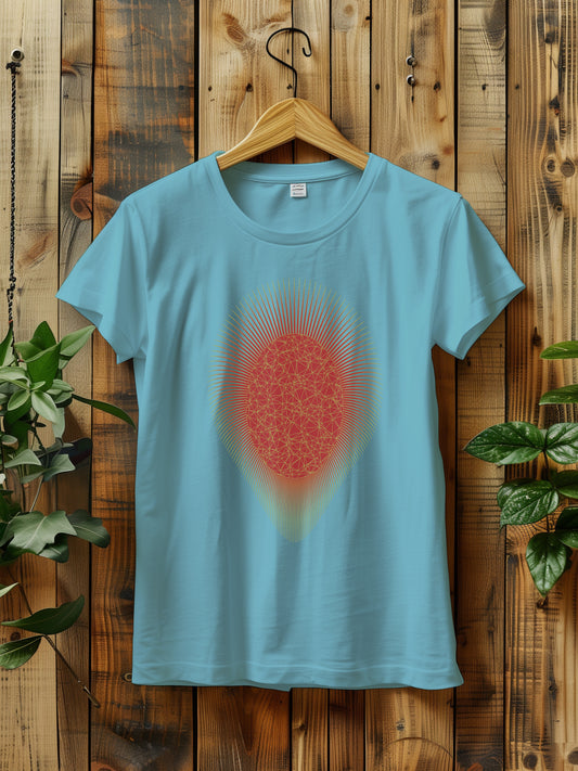 a t - shirt with a red and gold sunburst hanging on a wooden wall next to a plant