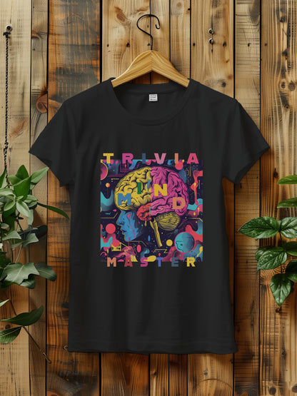 Colorful, abstract illustration featuring a brain divided into yellow and pink sections with "Trivia Mind Master" in large, multicolored letters overlaying the image. The background is dark with neon geometric shapes and organic patterns, adding a sense of movement and energy.