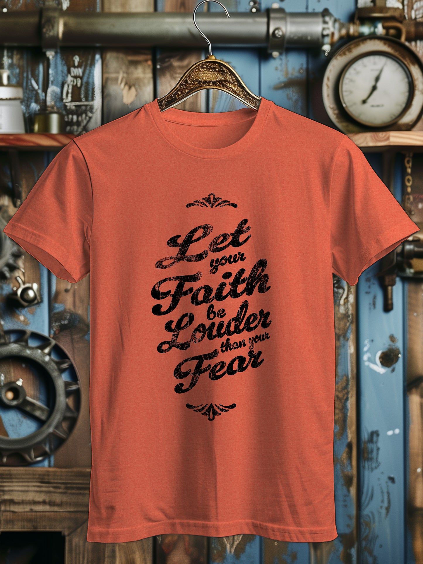 A T-shirt with the phrase Let your Faith be Louder than your Fear in decorative black script, displayed on a wooden hanger.