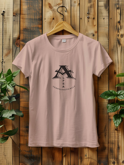 t-shirt with a bold black graphic of stylized letters with the word Alpha displayed vertically and the word UNAPOLOGETICALLY below.