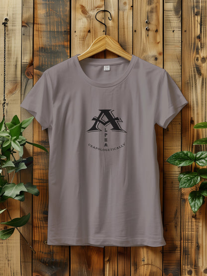 t-shirt with a bold black graphic of stylized letters with the word Alpha displayed vertically and the word UNAPOLOGETICALLY below.