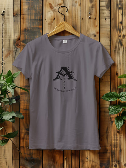 t-shirt with a bold black graphic of stylized letters with the word Alpha displayed vertically and the word UNAPOLOGETICALLY below.