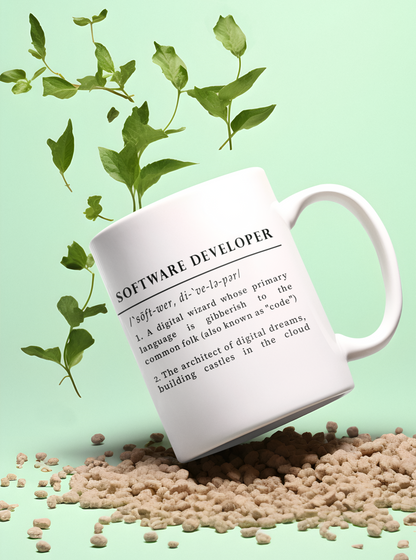 The image showcases a white ceramic mug with a whimsical definition of 'Software Developer' printed in black. The text highlights the developer as a digital wizard and an architect of digital dreams, using a clever tone to describe coding as a mysterious language.