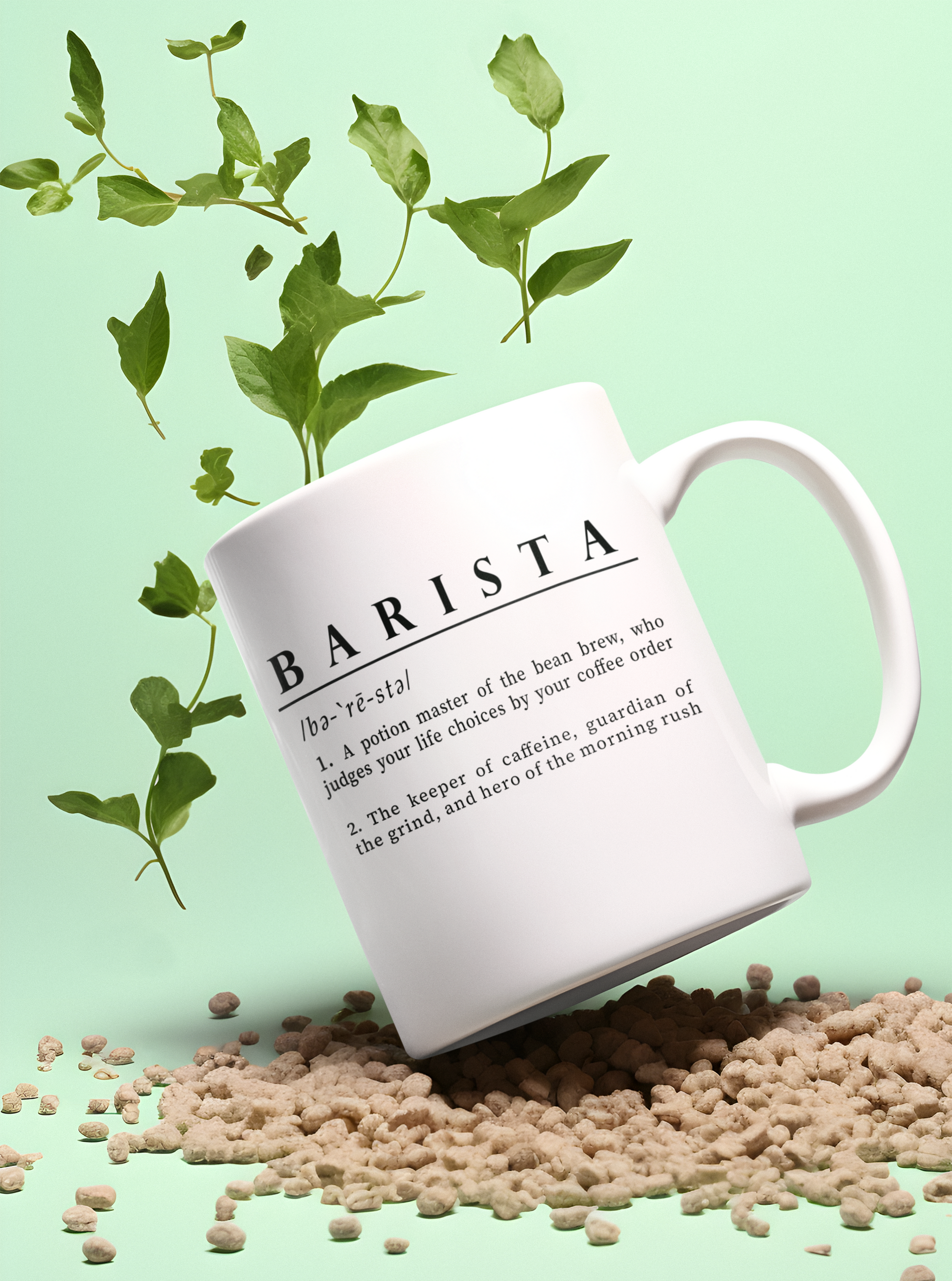 A white coffee cup with a whimsical description of a Barista as a potion master and guardian of the grind