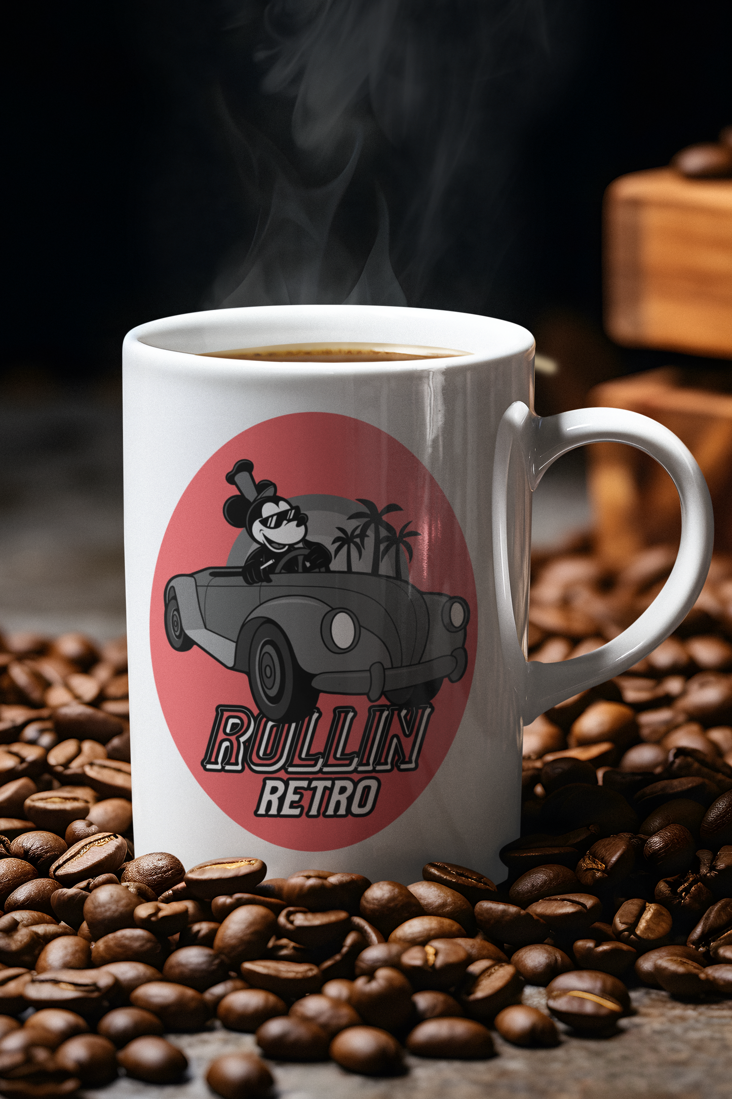 coffee mug with retro car and palm trees and text rolling retro