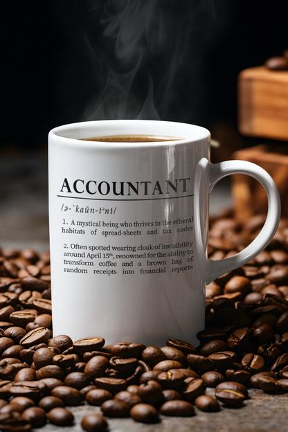 A sleek white ceramic mug presents a whimsical definition of 'accountant', written in bold black font