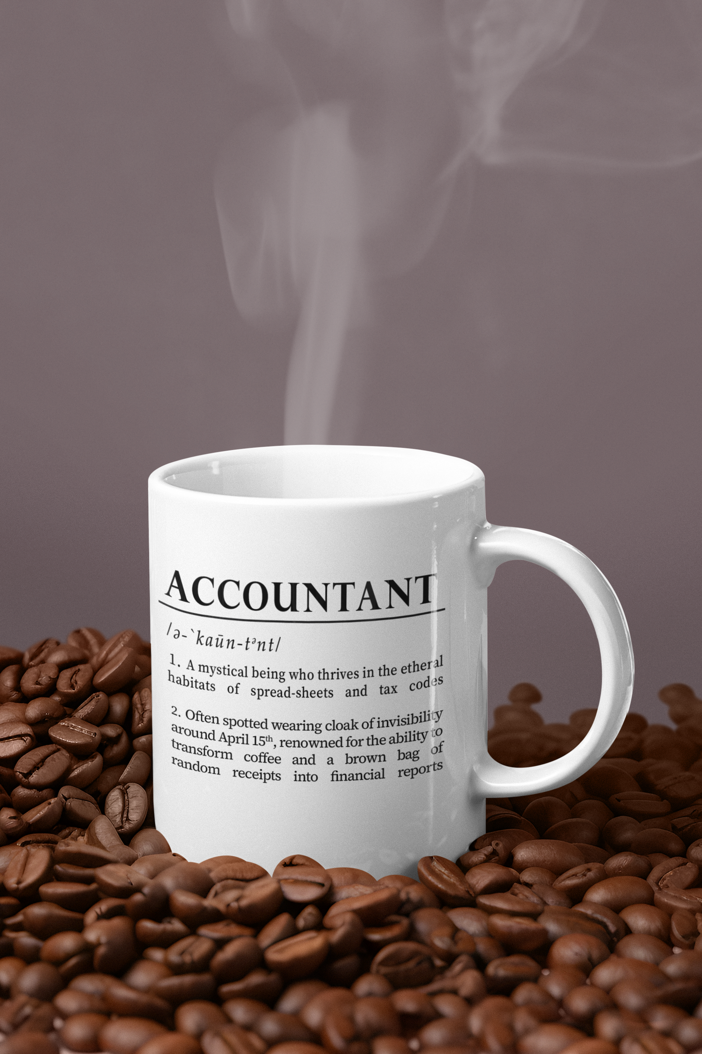 A sleek white ceramic mug presents a whimsical definition of 'accountant', written in bold black font