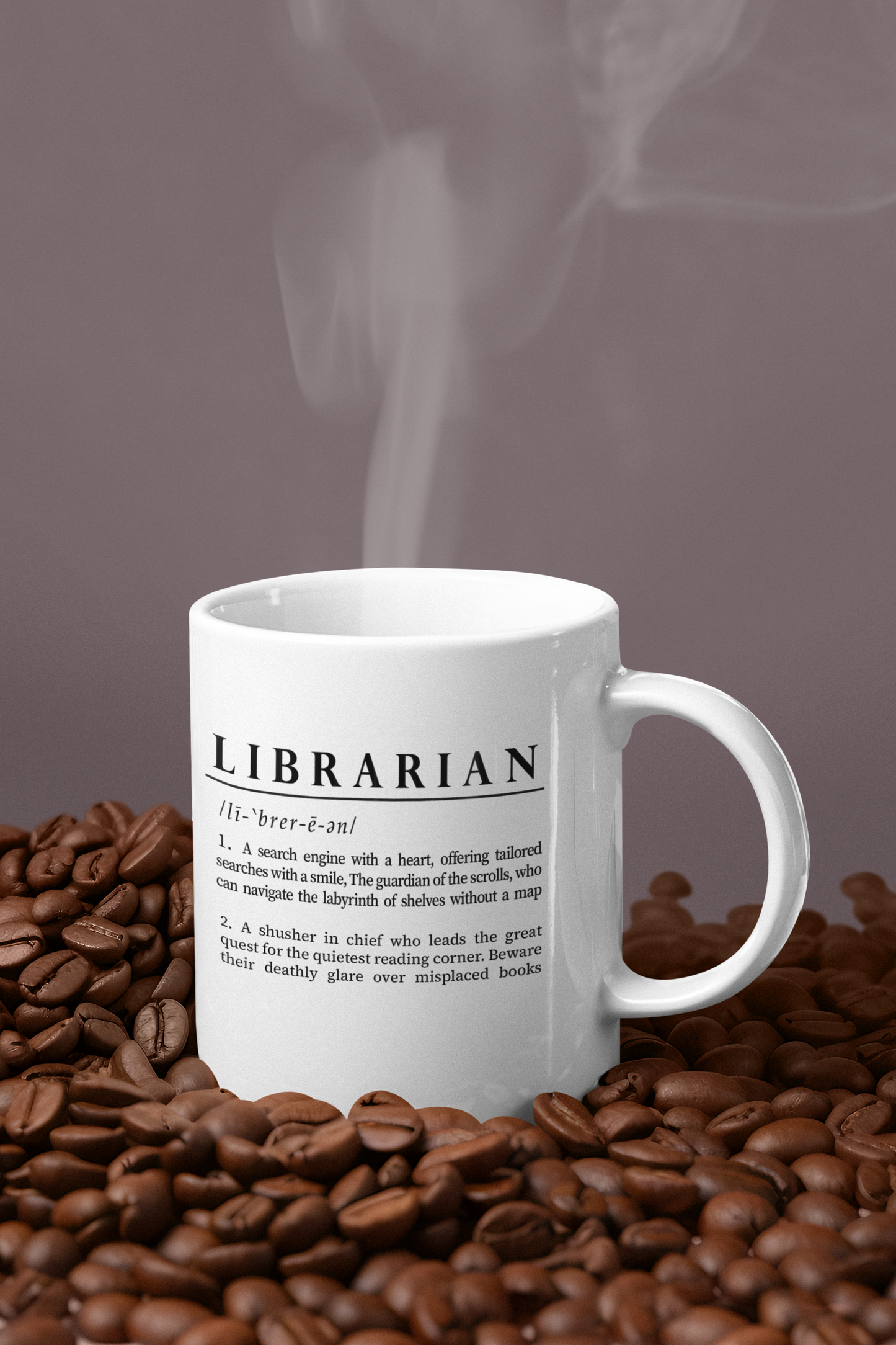 A sleek white ceramic mug presents a whimsical definition of 'Librarian', written in bold black font. The humorous text portrays a librarian as both a heartfelt search engine and a quiet corner seeker.