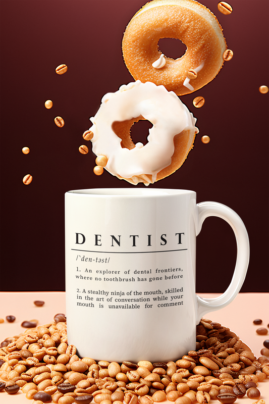 A white ceramic mug printed with black text that humorously defines 'DENTIST' as both an explorer of dental frontiers and a stealthy ninja of the mouth. 