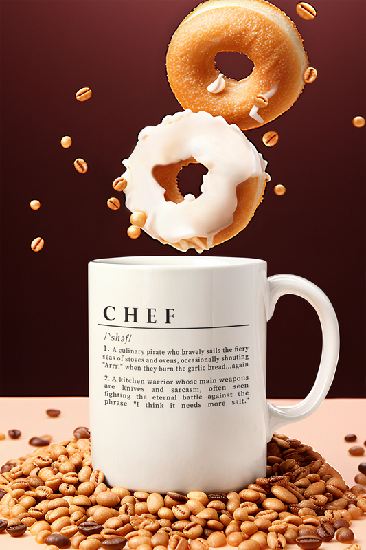 A white ceramic mug with a playful and humorous definition of 'Chef', printed in sharp black lettering. The text describes a chef as a culinary pirate and a kitchen warrior, humorously highlighting the challenges and quirks of culinary life. 