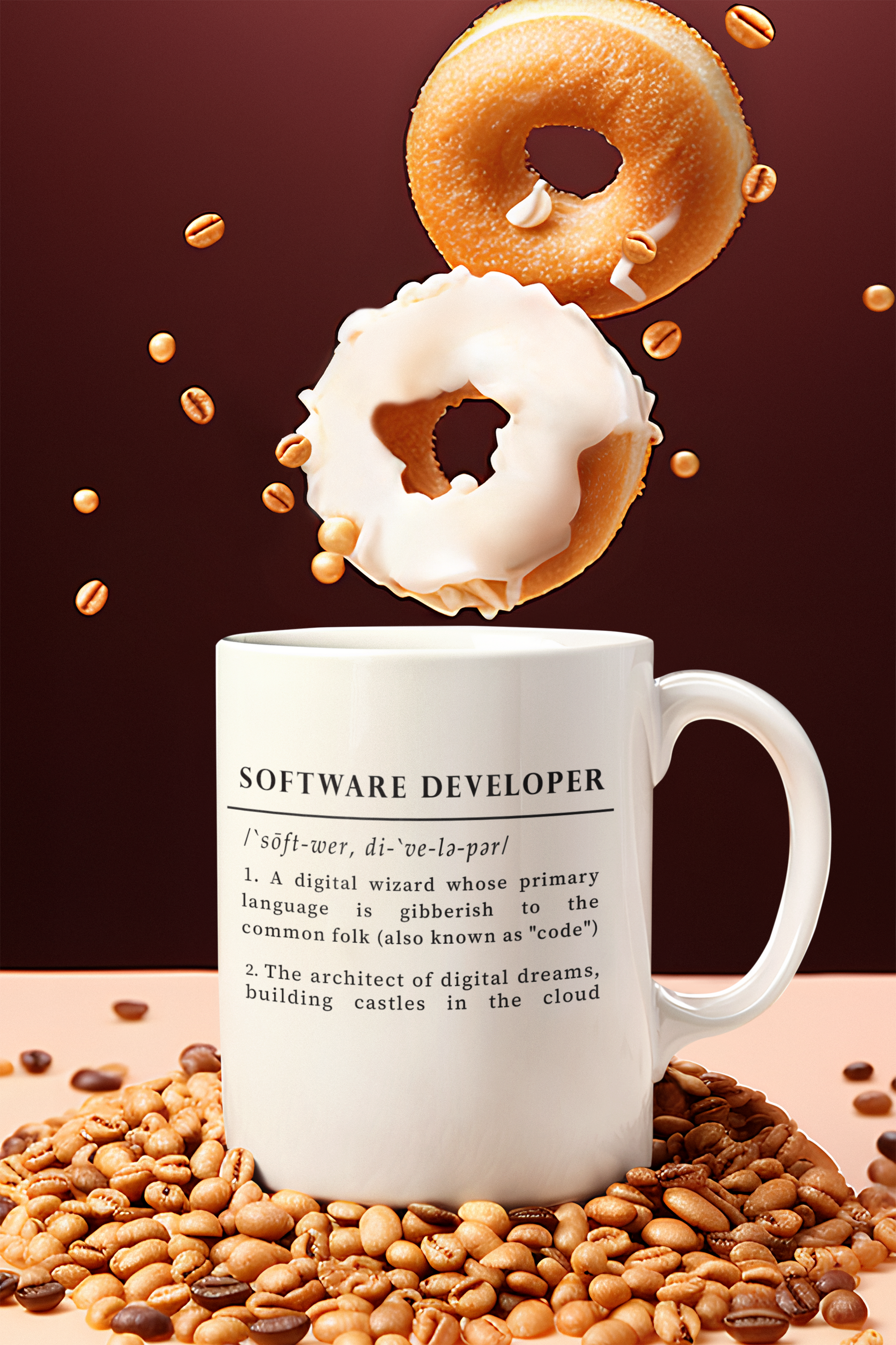 The image showcases a white ceramic mug with a whimsical definition of 'Software Developer' printed in black. The text highlights the developer as a digital wizard and an architect of digital dreams, using a clever tone to describe coding as a mysterious language.