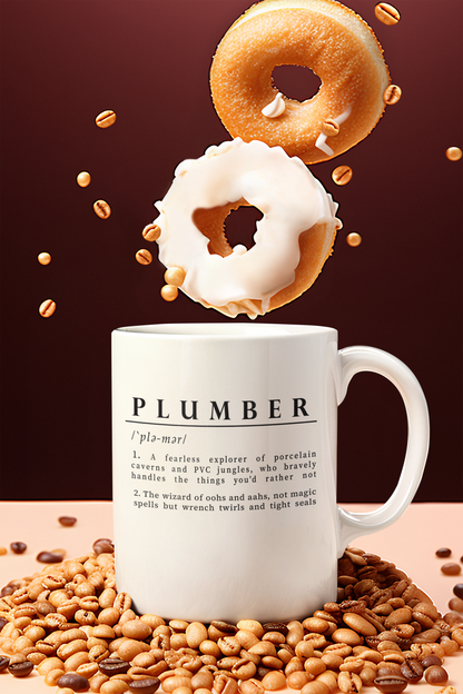 white ceramic mug with a witty definition of 'Plumber' printed in black. The humorous description highlights a plumber as both an explorer of pipes and a skilled artisan.