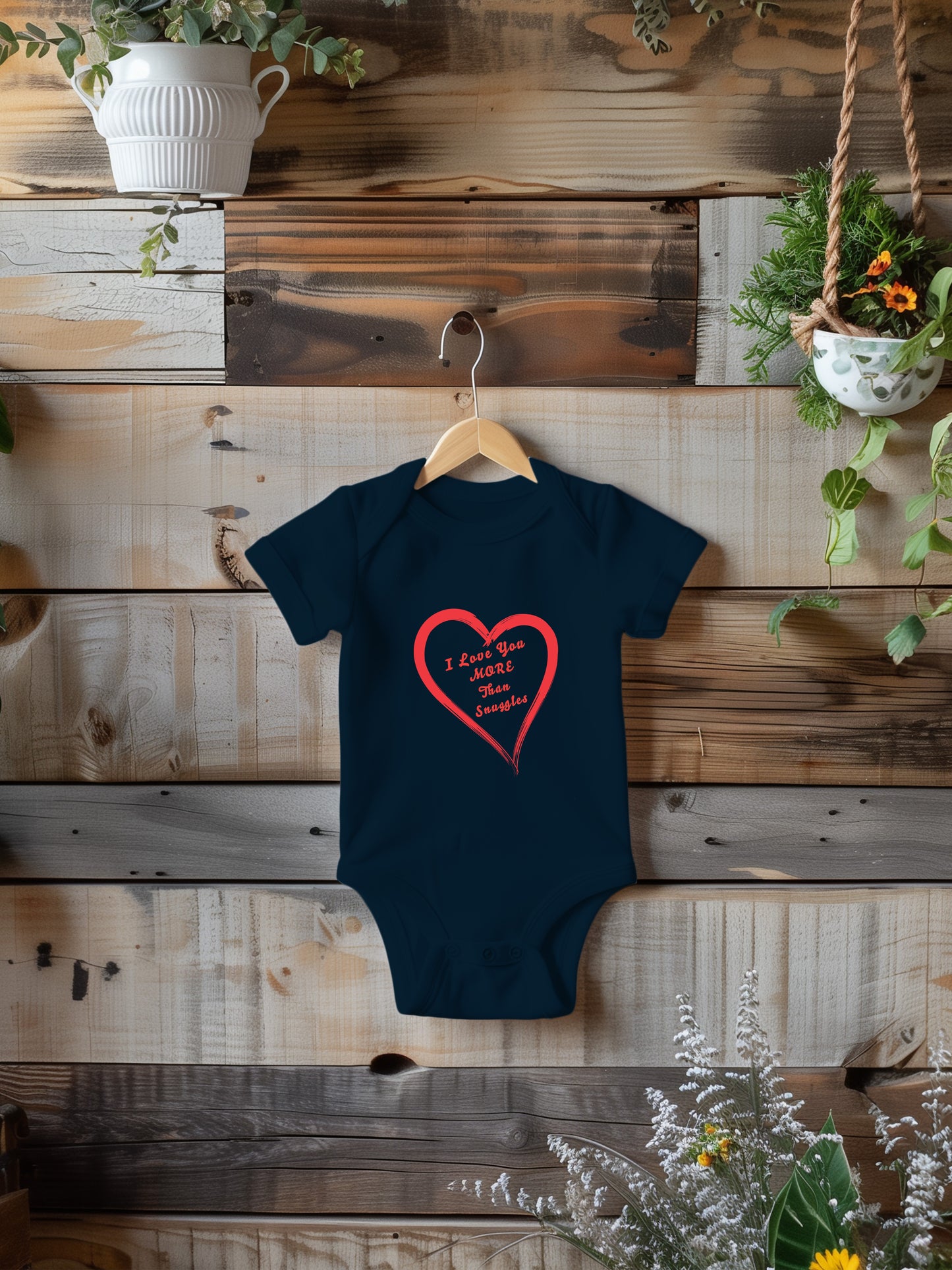 onesie with "I love you more than snuggles" in a heart on a wooden background with plants.