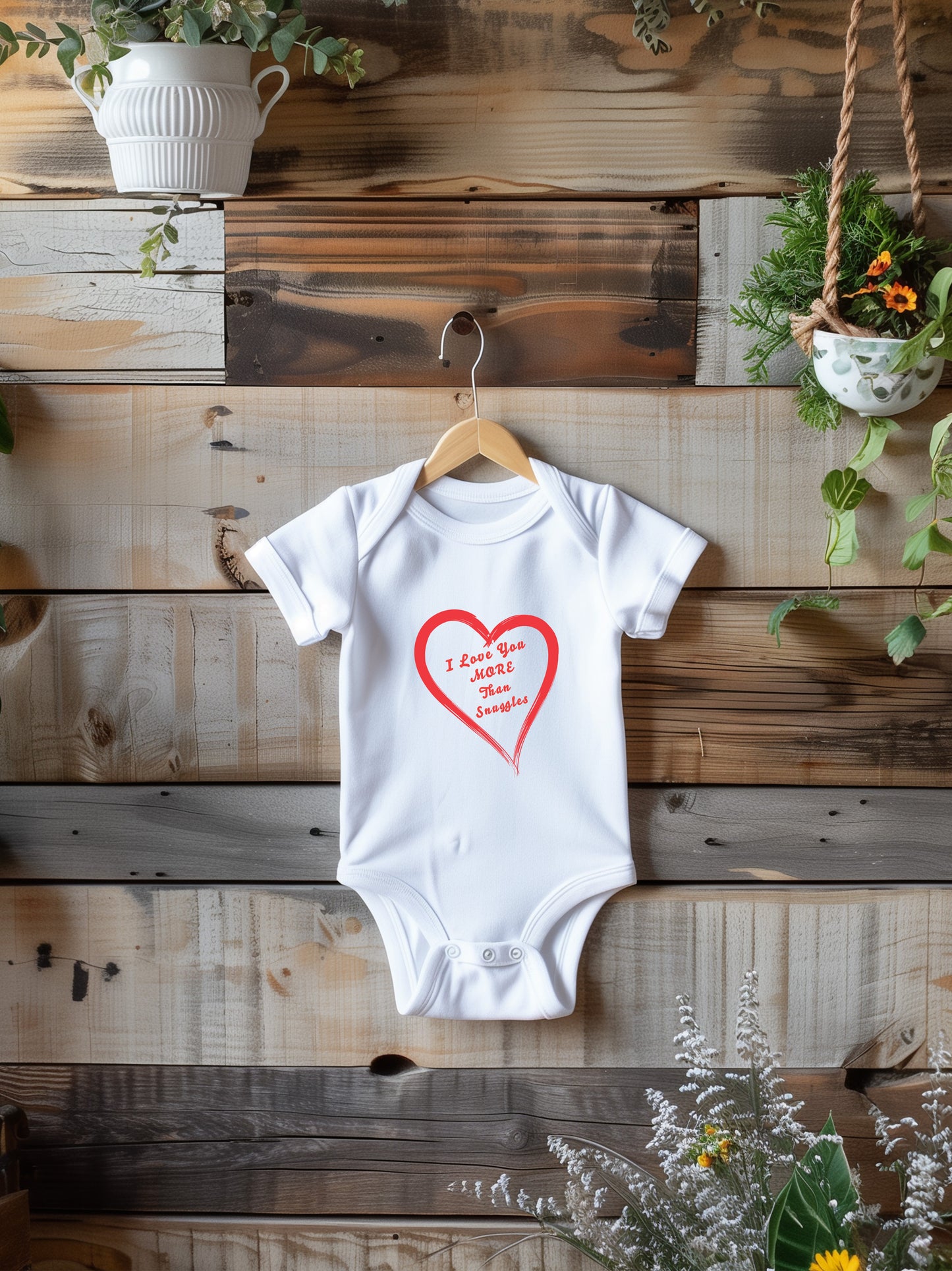 onesie with "I love you more than snuggles" in a heart on a wooden background with plants.