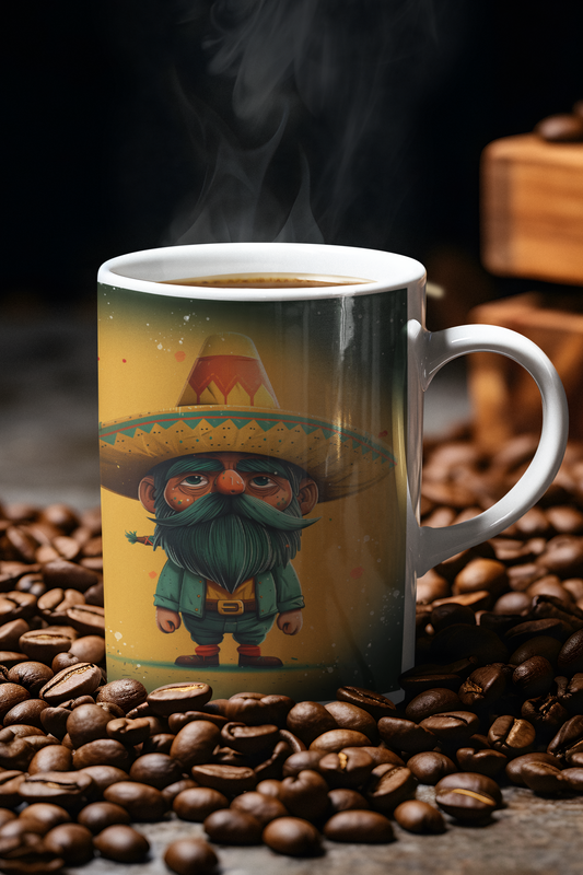 Whimsical coffee mug featuring a gnome wearing a sombrero