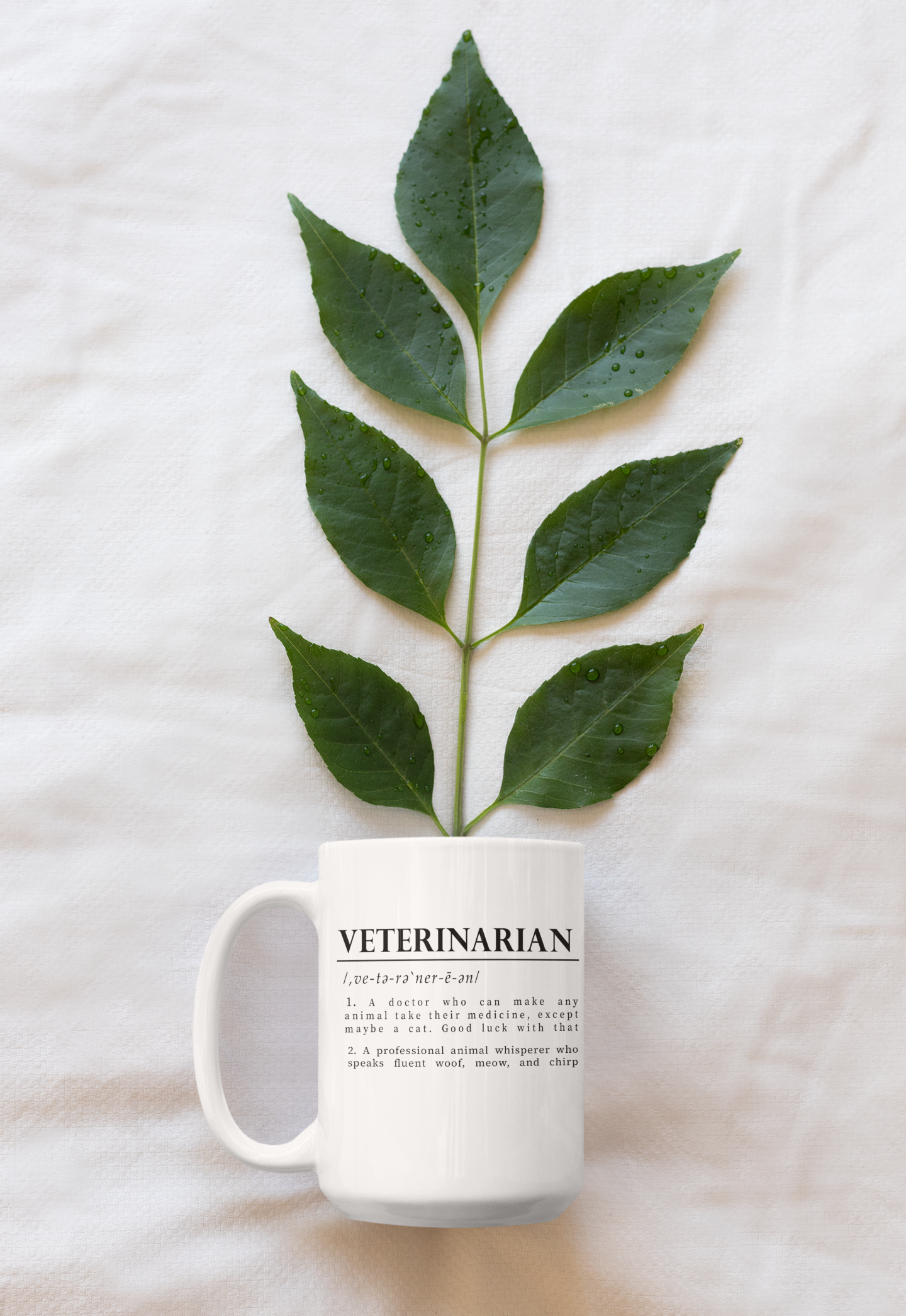 a white cup with bold black text on a plain white background defining 'Veterinarian'. The definition humorously mentions a vet's challenges with medicating animals, especially cats, and describes them as fluent in animal sounds.