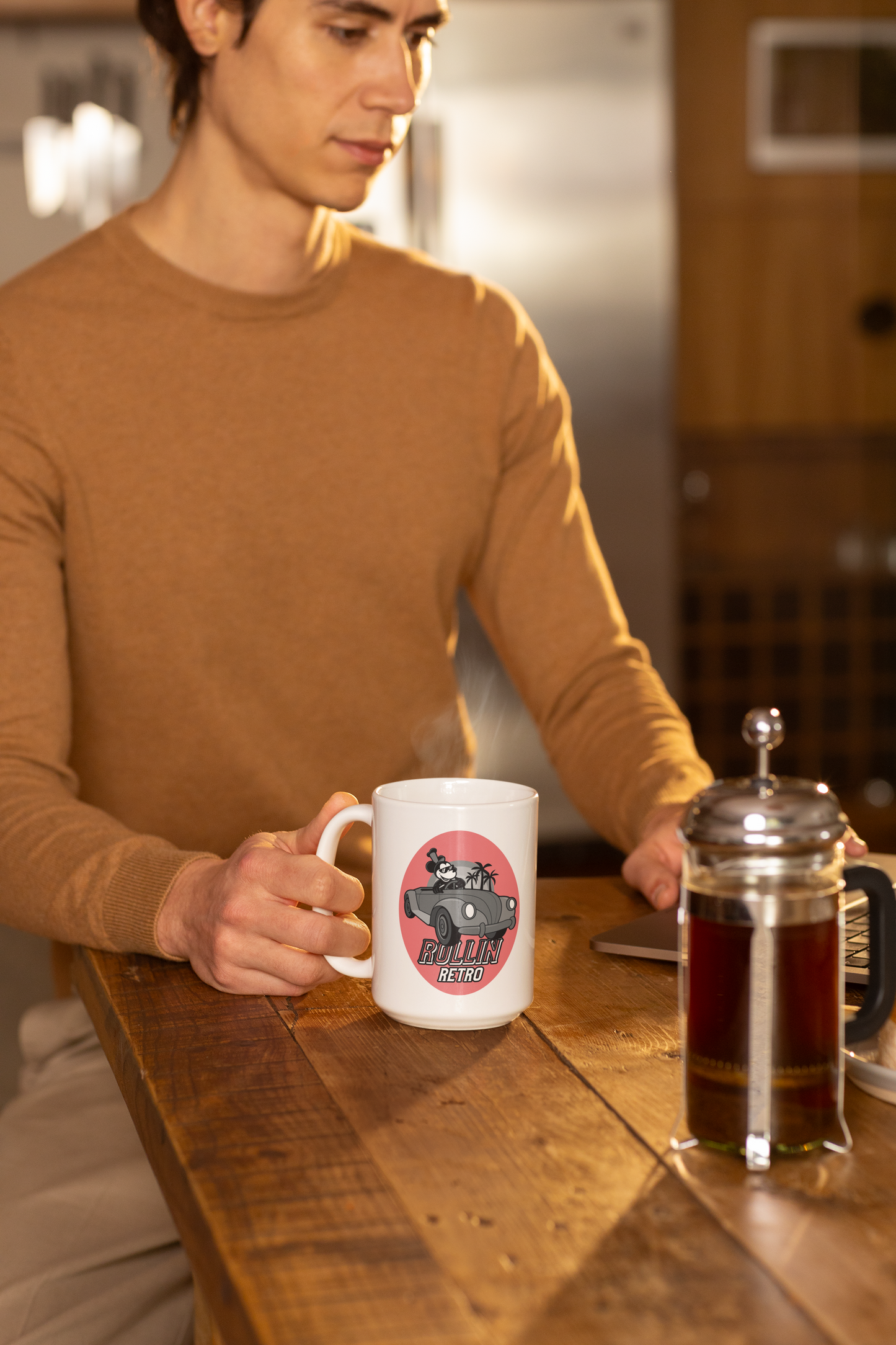 coffee mug with retro car and palm trees and text rolling retro