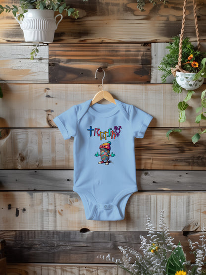 a baby one piece jumper with a picture of a hip trash can figure with the word trashy above it