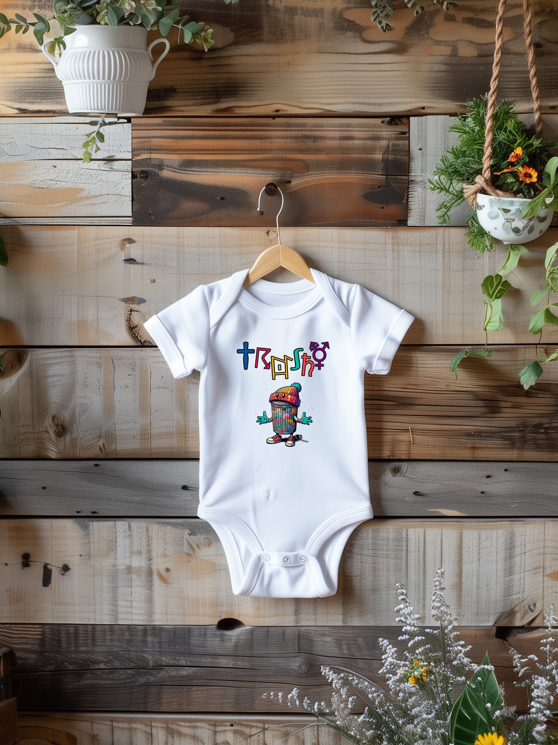 a baby one piece jumper with a picture of a hip trash can figure with the word trashy above it